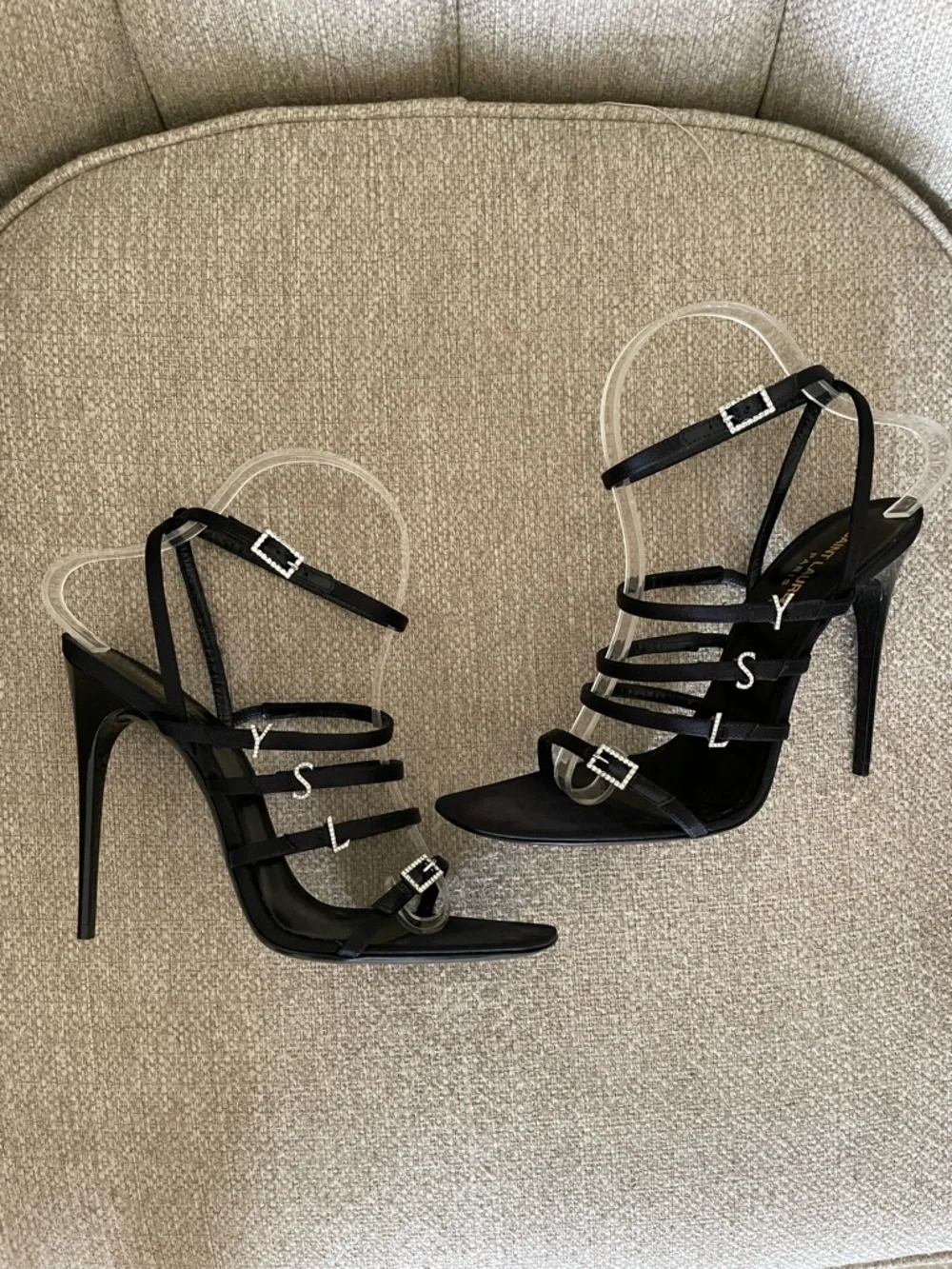 Saint Laurent Jerry Sandals Black Satin Rhinestone YSL Heels EU39 US9 NIB - Picture 4 of 16